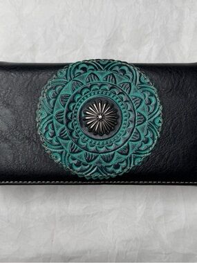 Montana West Black Wallet with Teal Floral Concho Accent